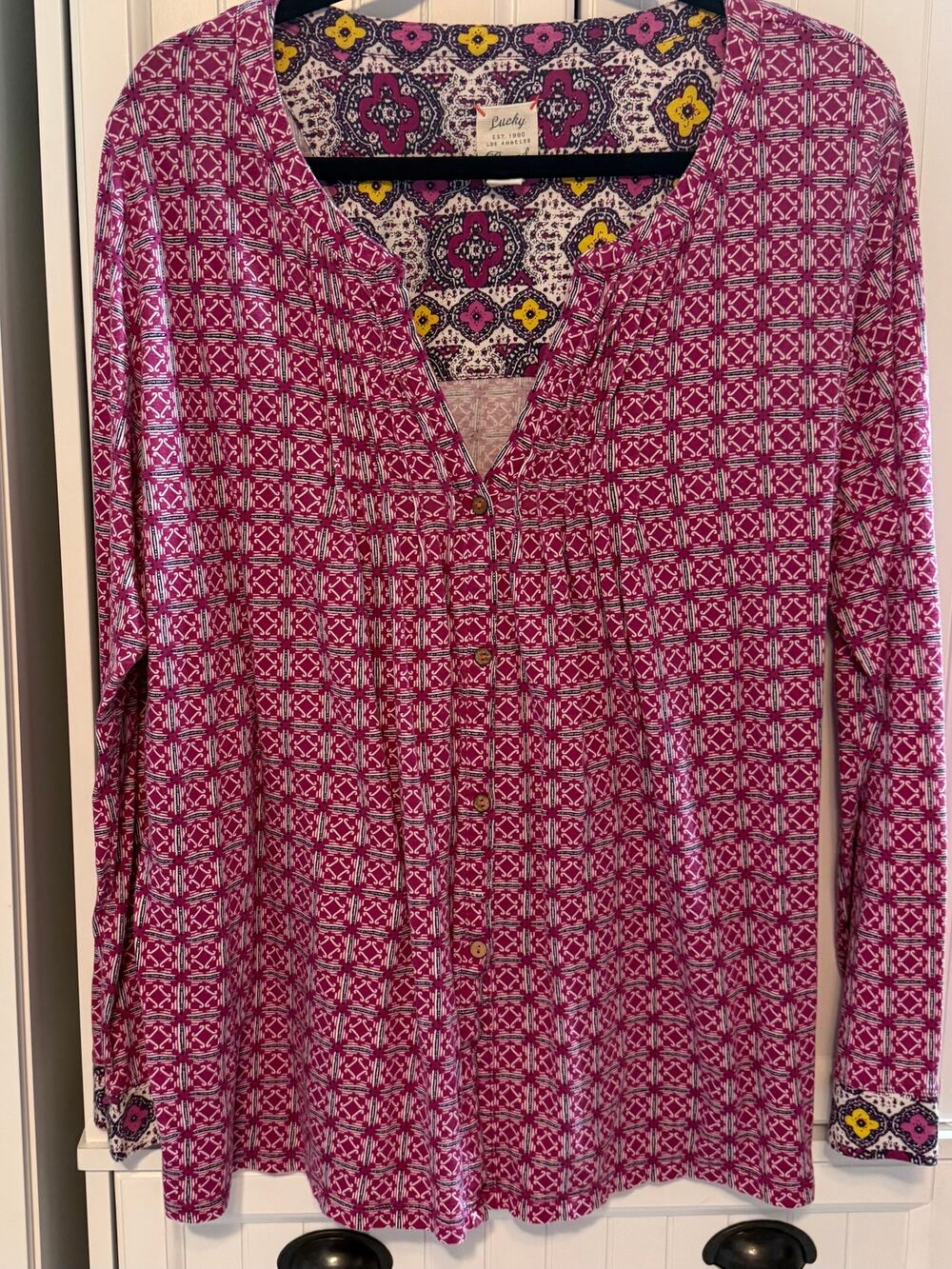 Lucky Brand vintage pintuck long sleeve top pink white extra large EUC